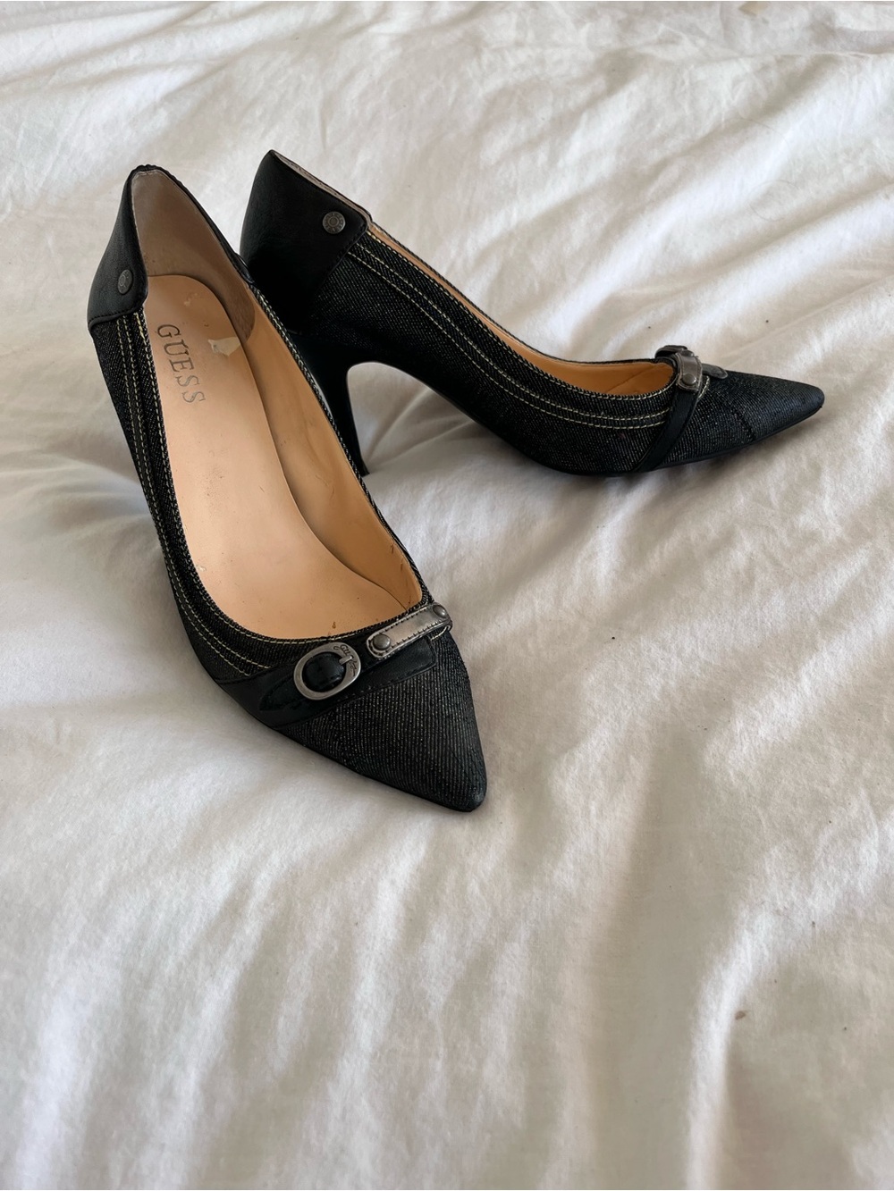 GUESS Women's Black Leather and Dark Wash Denim Pointed Toe Heels